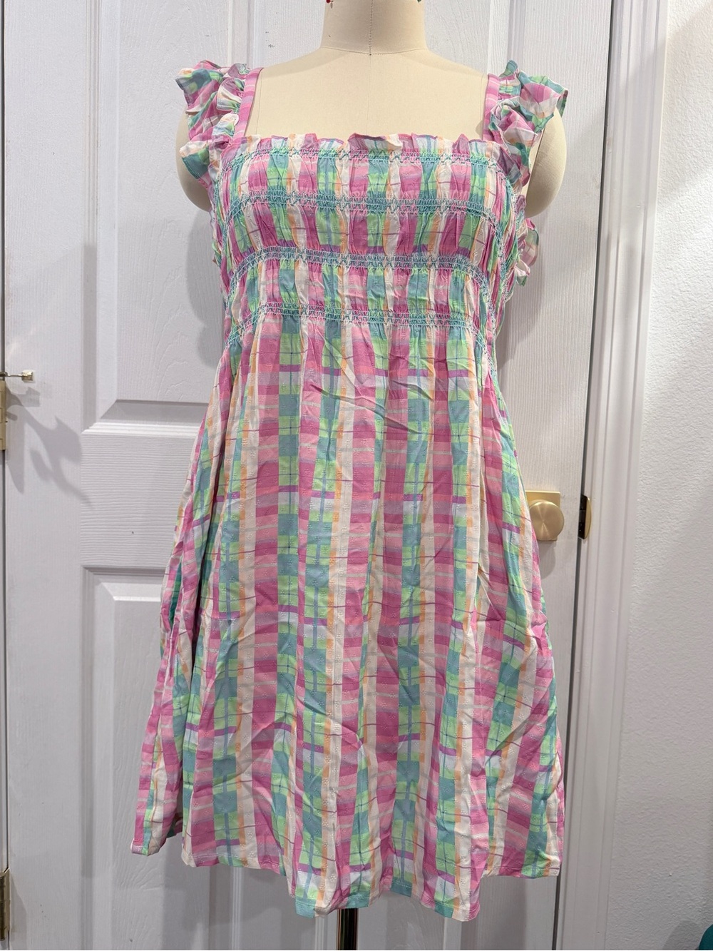 French Connection Pastel Plaid Mini Dress - Pink & Mint UK 16, US 12